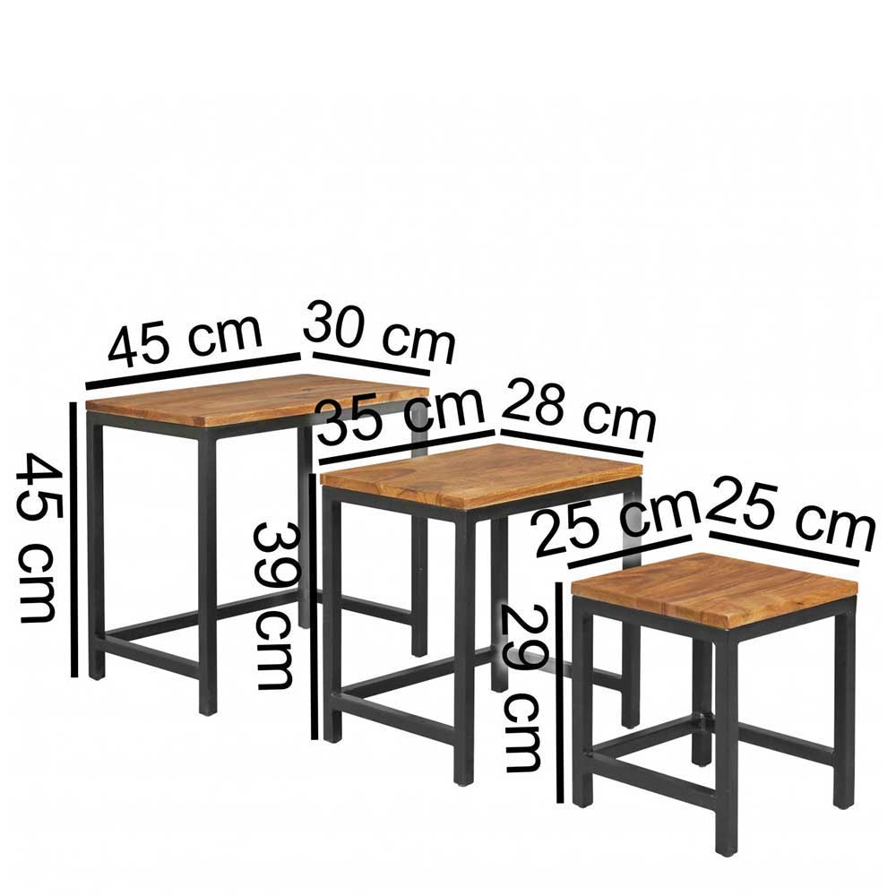 Dreisatztisch Laberry aus Sheesham Massivholz und Metall (dreiteilig)