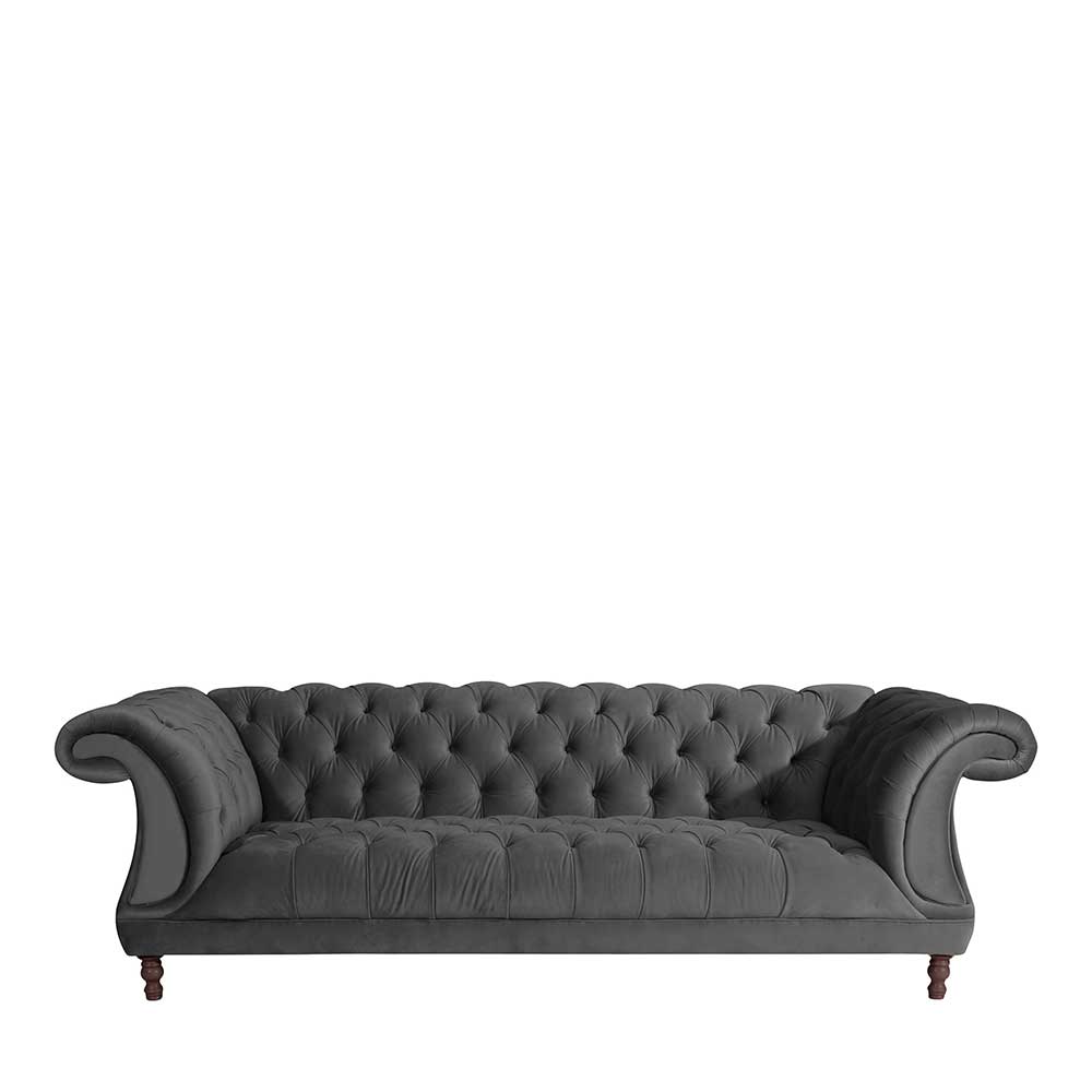 Samtvelours Dreisitzer Couch Anthrazit Romina im Barockstil 253 cm breit