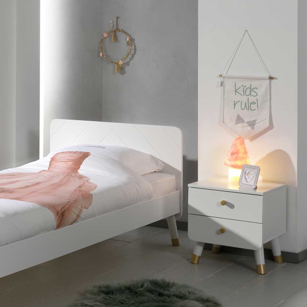 Design Jugendbett Verenetica mit Nachtkommode in Weiß und Goldfarben (zweiteilig)