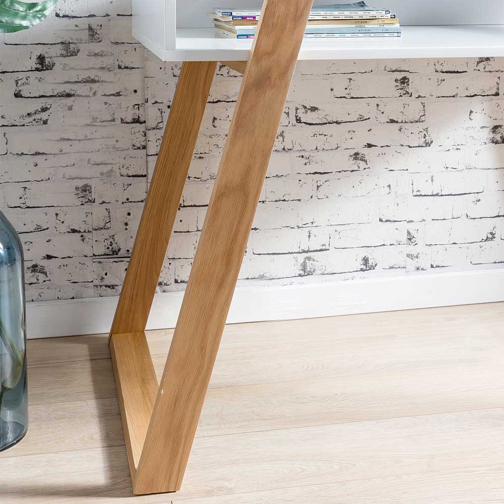 Glas Schreibtisch Zenit im Skandi Design mit Bügelgestell aus Eiche Massivholz