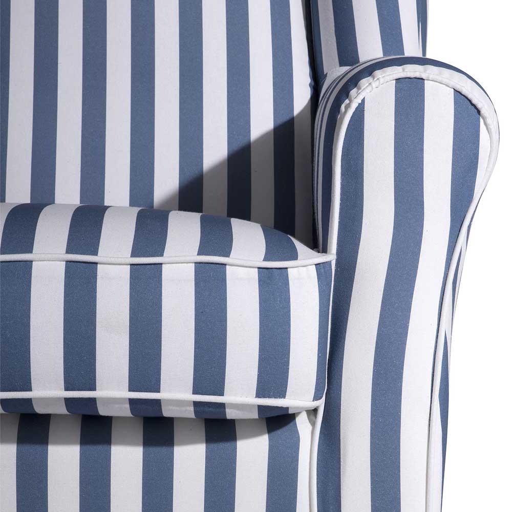Wohnzimmer Sessel Streifen Taba in Blau und Weiß Gestell Eichefarben