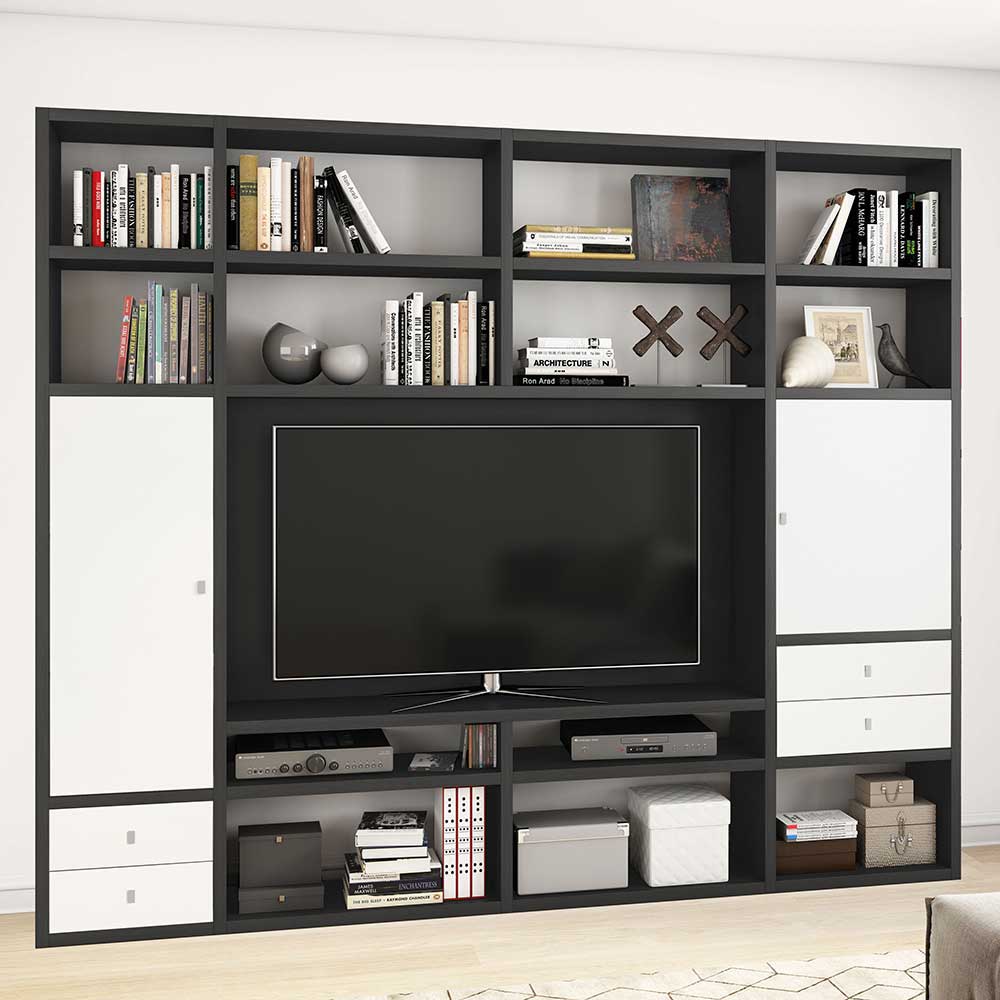 Fernseherwand Kasaryn in Eiche Schwarz Braun und Weiß 265 cm breit