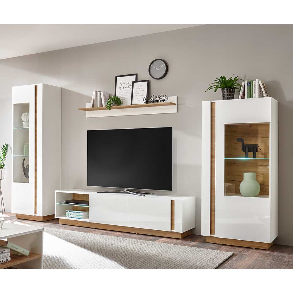 Wohnzimmer Anbauwand Franvos in Weiß und Wildeiche Optik im Skandi Design (vierteilig)
