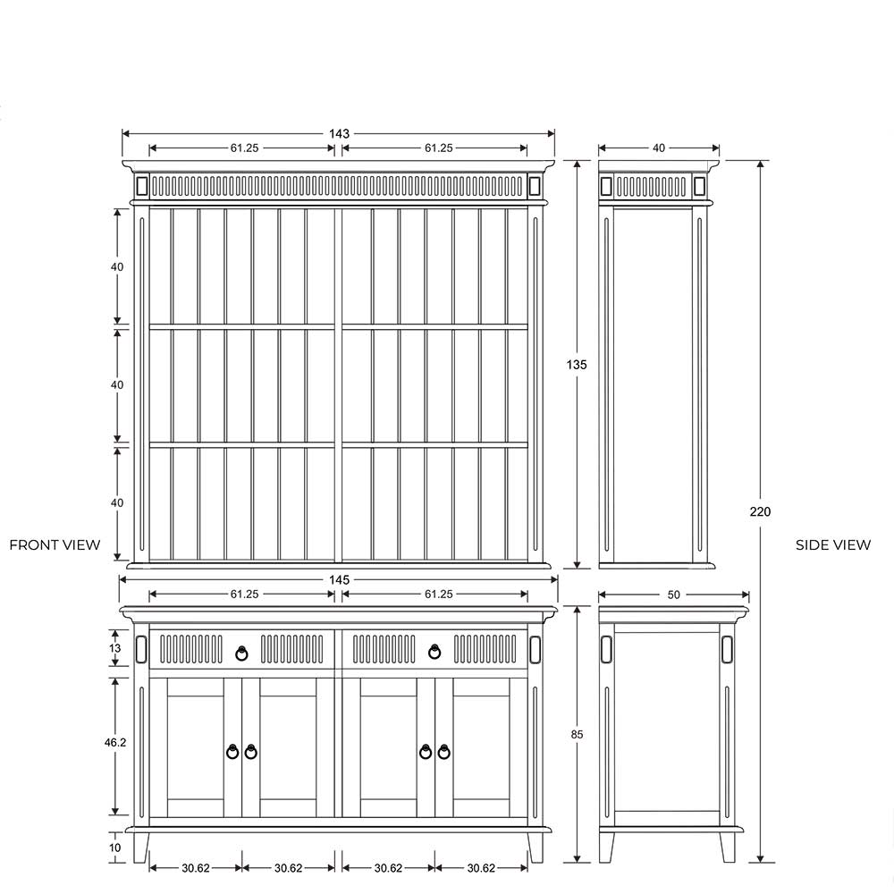XL Landhaus Regal weiß Lominda mit zwei Schubladen 220 cm hoch