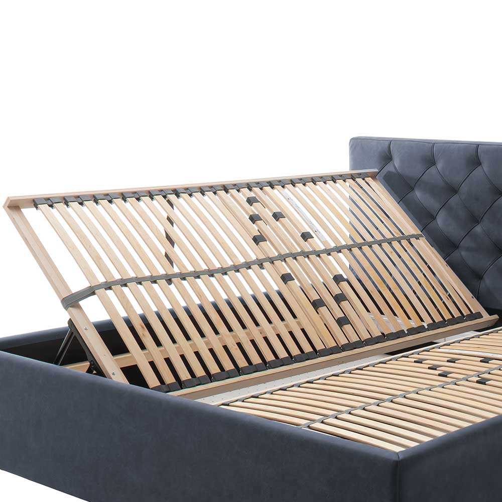 Polsterbett Udot in Blaugrau Microfaser mit Vierfußgestell aus Holz