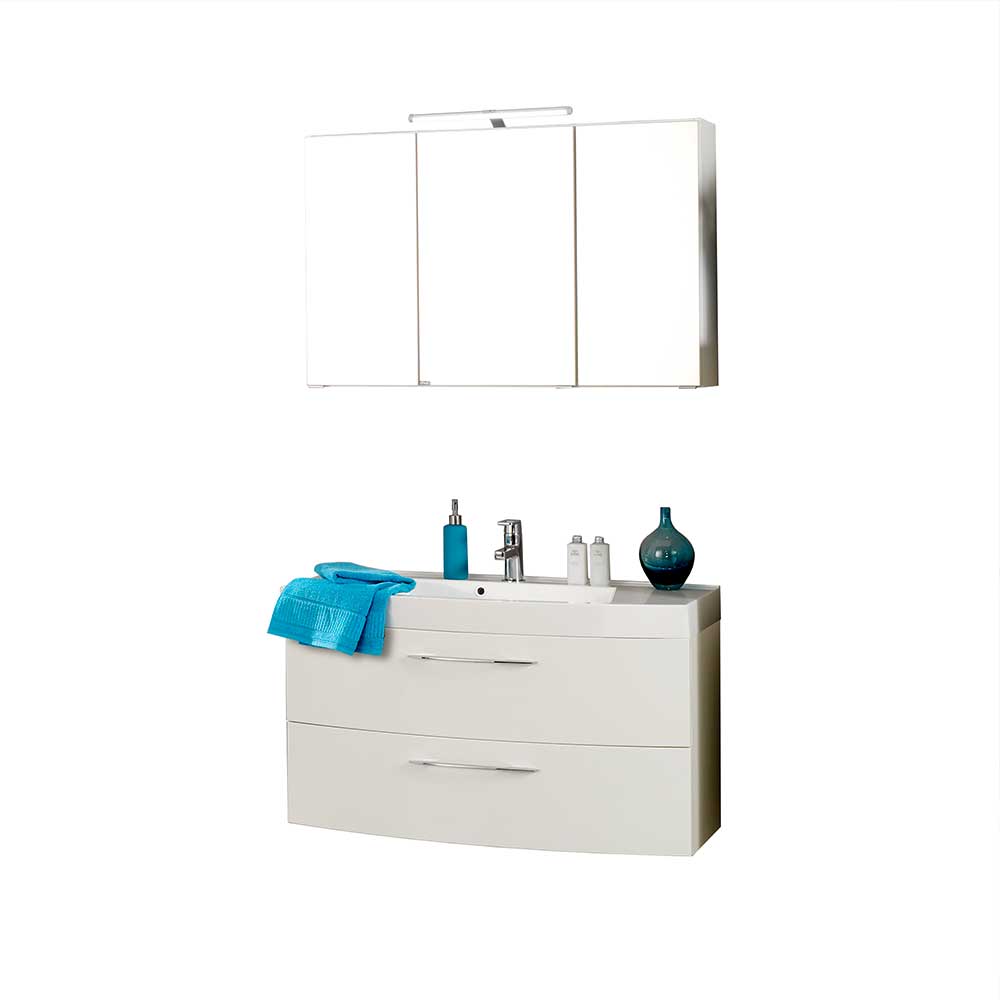 Badezimmer Set Daney in Weiß Hochglanz mit 3D Spiegelschrank (zweiteilig)
