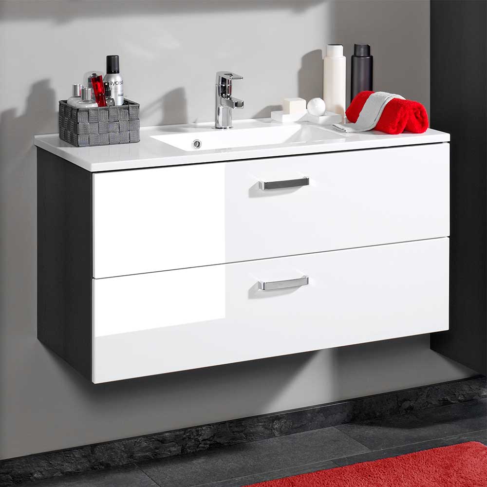 Waschtischunterschrank Simonas in Weiß Hochglanz Grau mit Becken