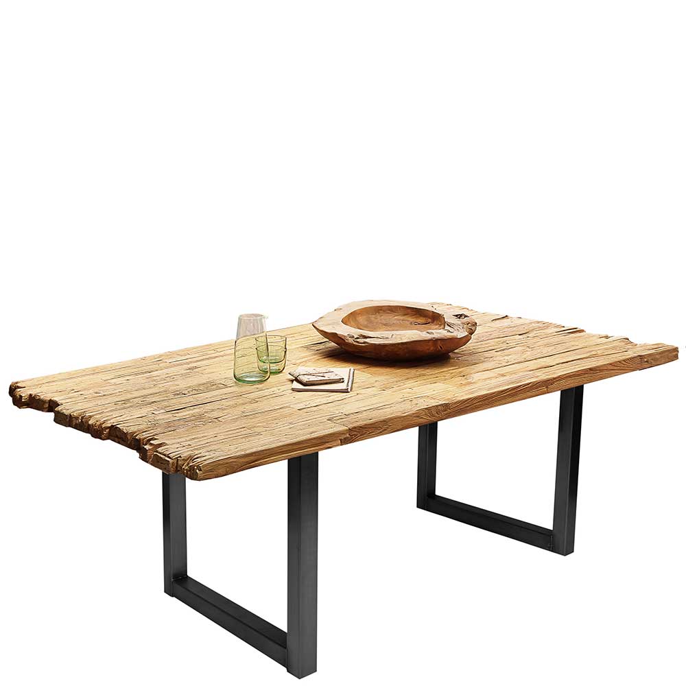 Holztisch Caroli aus Teak Recyclingholz und Stahl im Loft Design