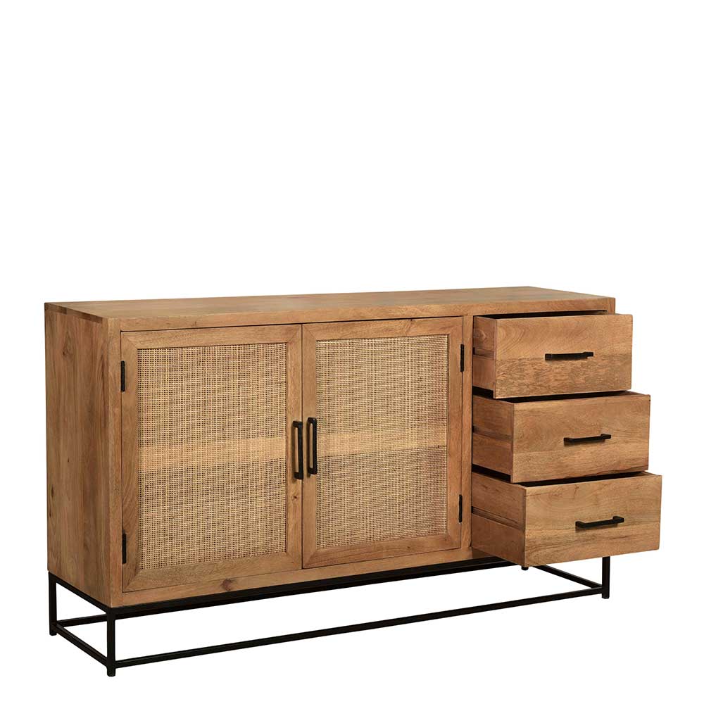 Holz Sideboard Mezval mit drei Schubladen & Rattanfront Türen