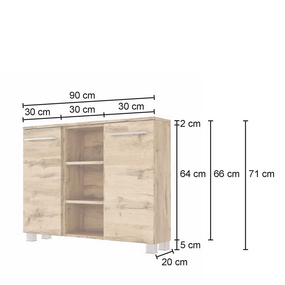 Badezimmer Sideboard Vidorella in Weiß und Wildeiche Optik 90 cm breit