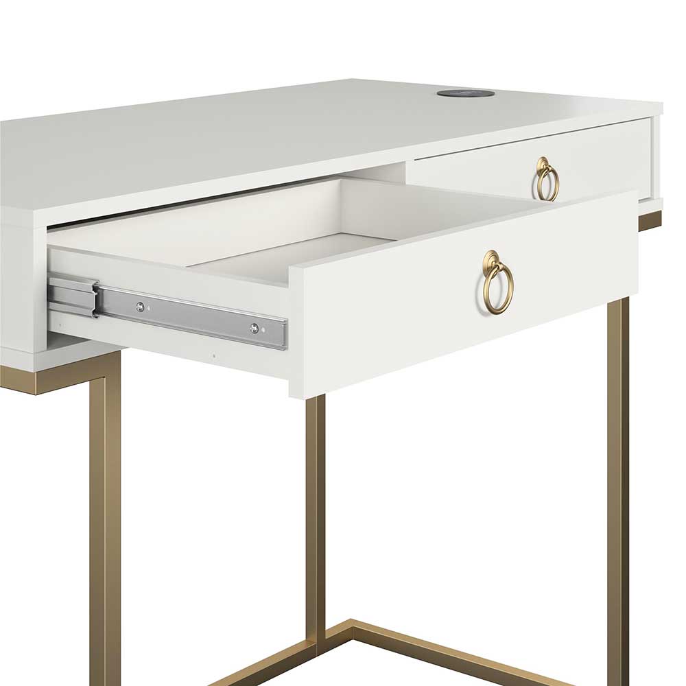 Home Office Tisch Pilamonia in Weiß und Goldfarben mit Bügelgestell
