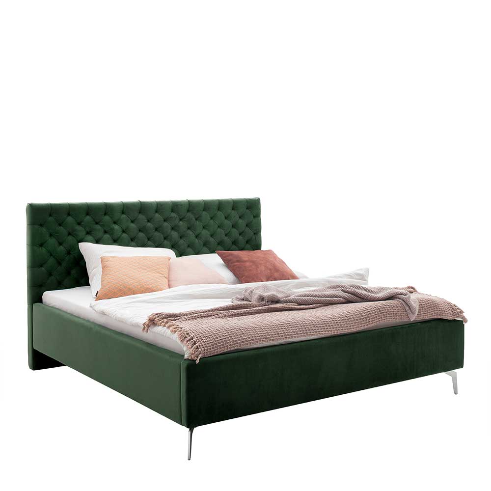 Gepolstertes Bett Colora in Dunkelgrün und Chromfarben