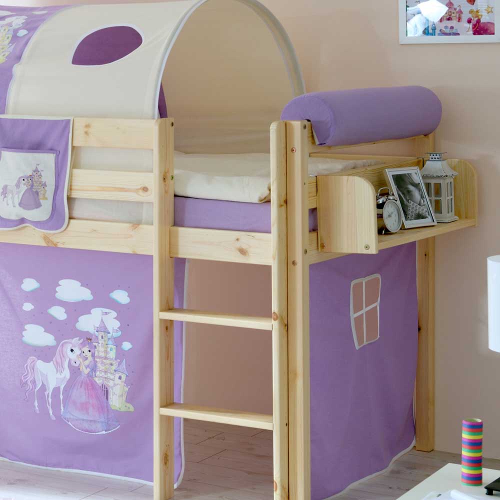 Halbhohes Kinderbett Leila aus Kiefer massiv mit Tunnel im Prinzessin Design