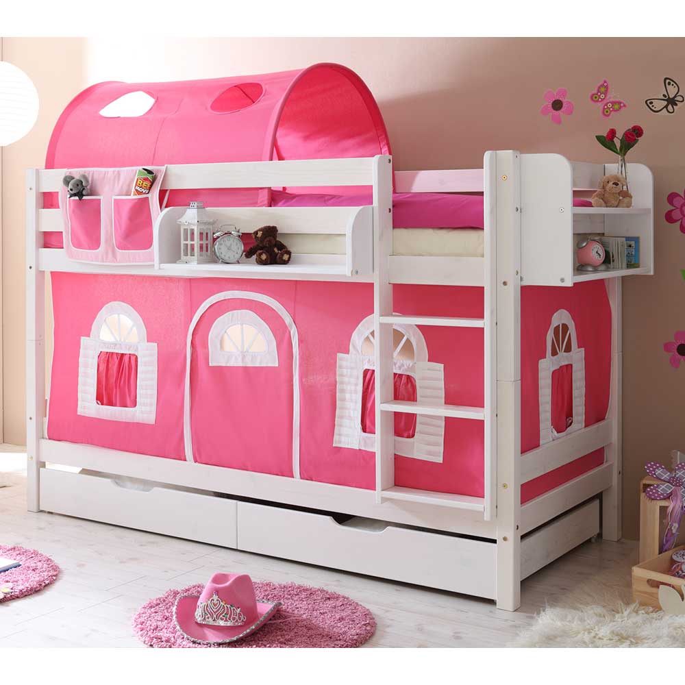 Kinderzimmerbett Sligo aus Kiefer Massivholz in Weiß und Webstoff in Pink