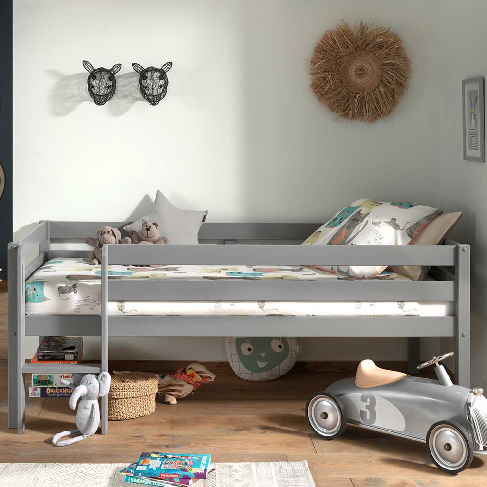 Kinderbett 90x200 Devenia in Grau lackiert inklusive Leiter