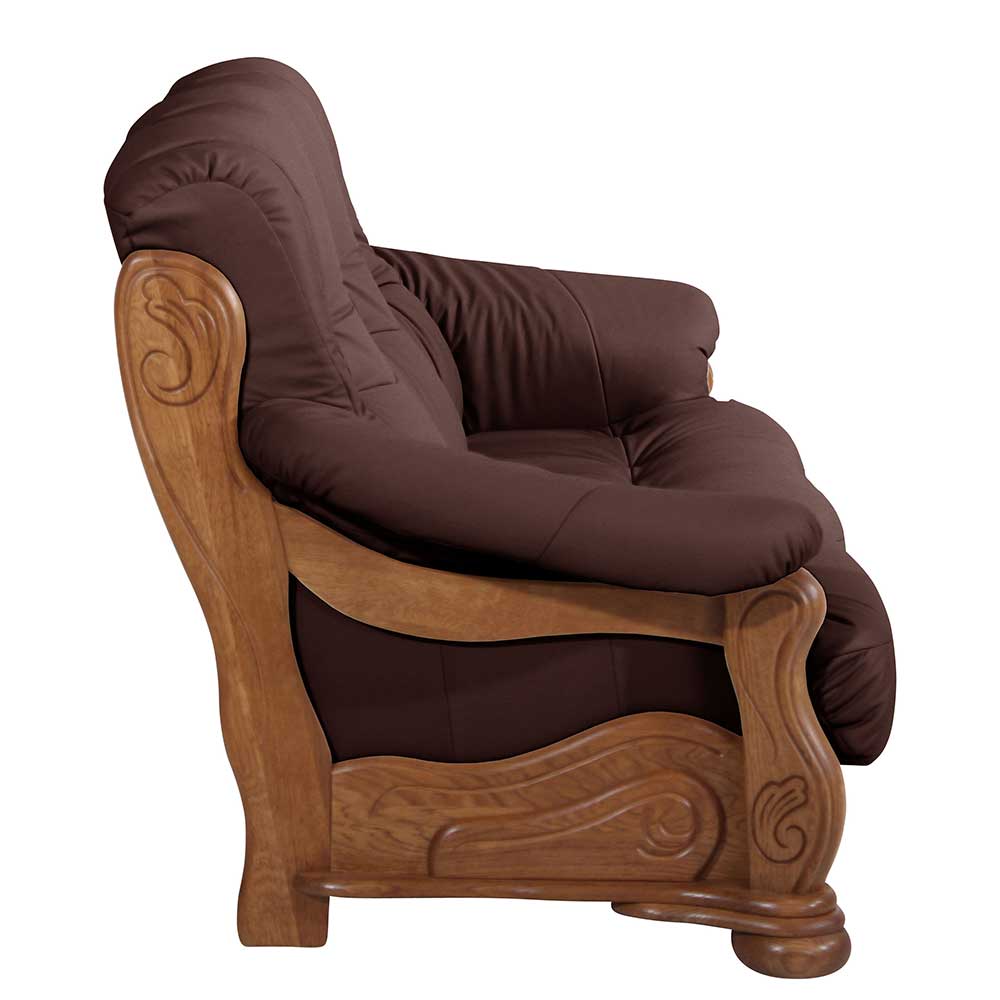 Leder Sofa Corbit in Eiche rustikal und Bordeaux 205 cm breit
