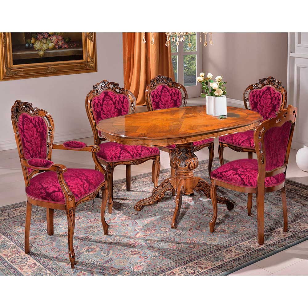 Barocke Tischgruppe Daltiana in Nussbaumfarben inklusive fünf Stühle (sechsteilig)