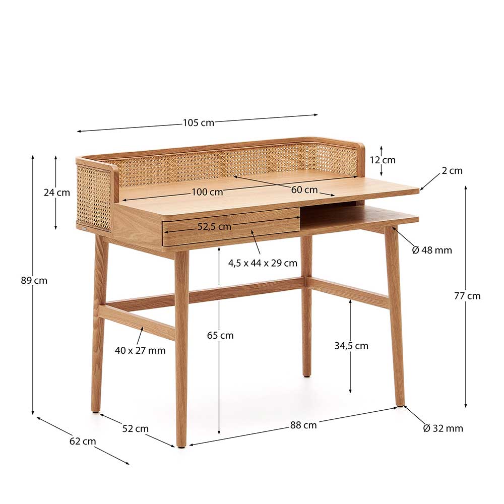 Home Office Tisch Winaray im Skandi Design mit Esche Furnier und Geflecht