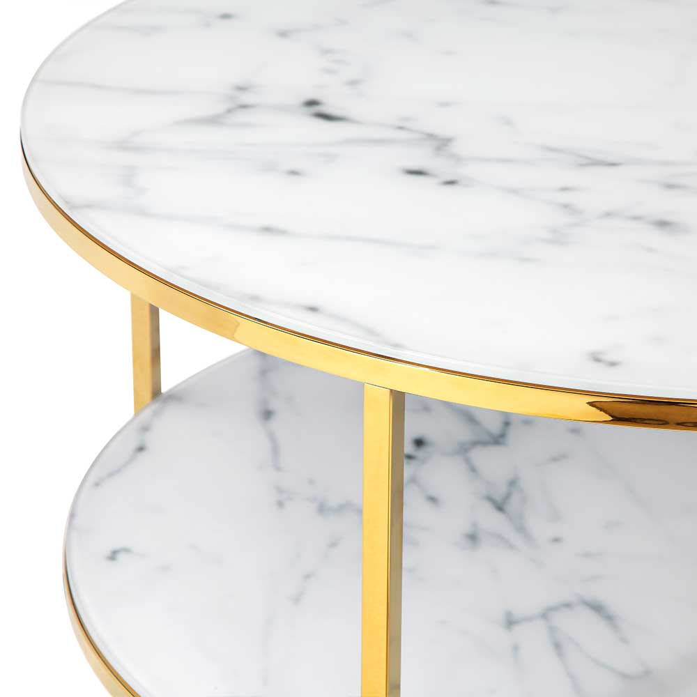 Retro Beistelltisch Epiros in Weiß marmoriert und Goldfarben mit Glasplatten