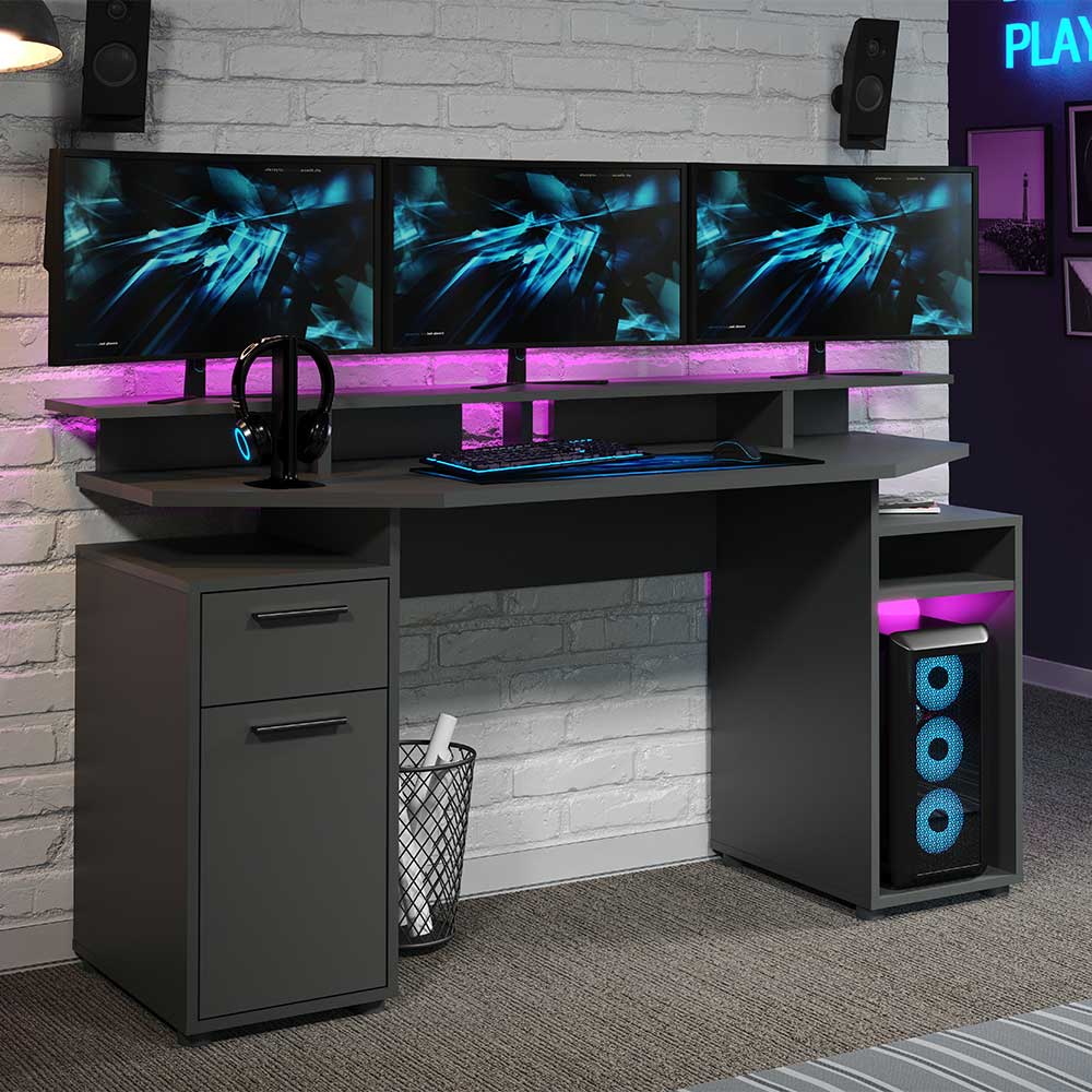 Gamer Schreibtisch Mitica in Anthrazit mit Towerfach für PCs