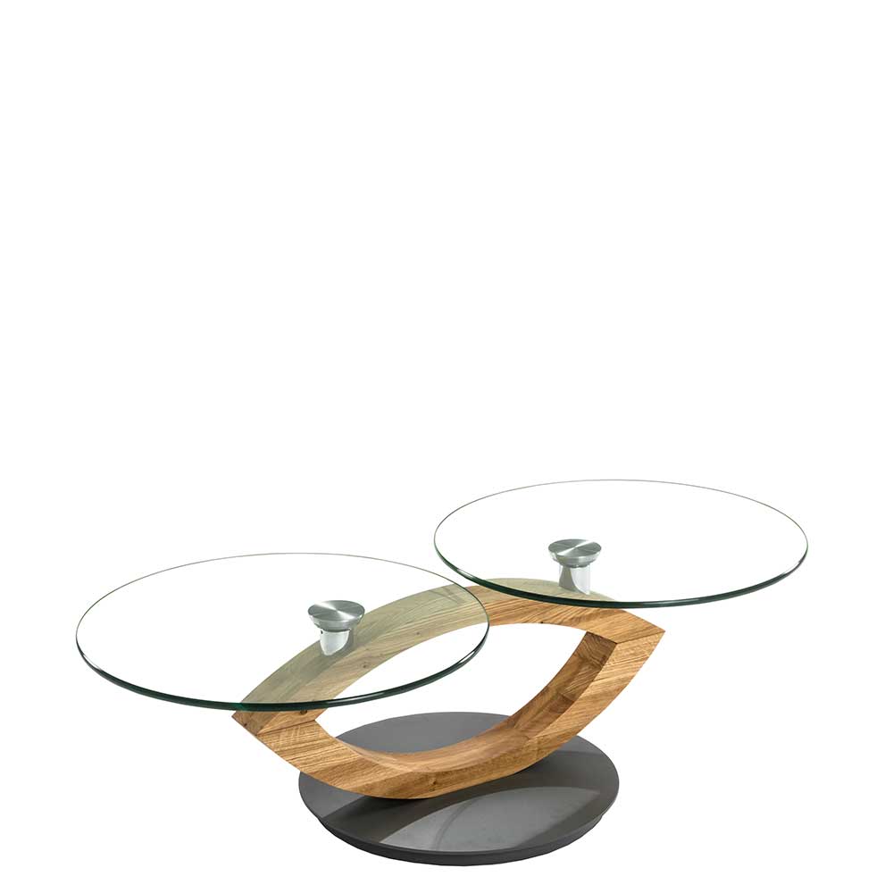Design Sofatisch Gracelino aus Asteiche Massivholz mit zwei runden Glasplatten