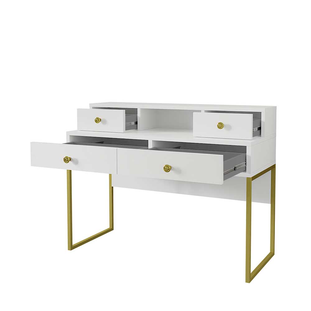 Weißer Schreibtisch Spaninico mit Bügelgestell in Goldfarben