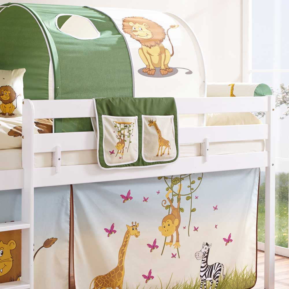 Halbhohes Kinderbett Zavatraos in Weiß mit Vorhang und Tunnel im Safari Design
