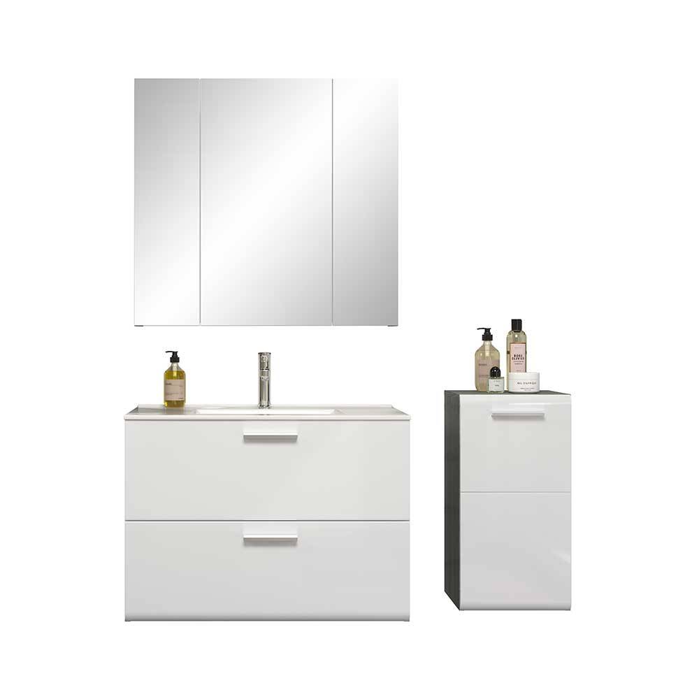 Badmöbel Set Cisca in modernem Design - Weiß und Holzoptik Silbergrau (dreiteilig)