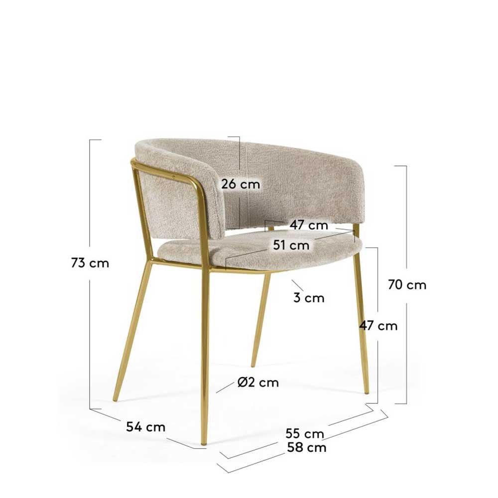 Chenille Esstisch Stühle Herculega in Beige und Goldfarben mit Armlehnen (2er Set)