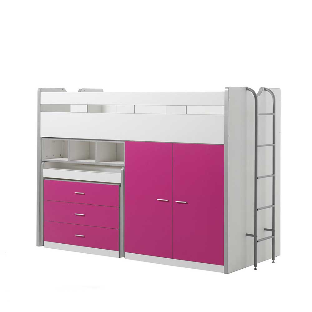 Mädchen Hochbett Tinn mit Schreibtisch und Schrank in Pink und Weiß