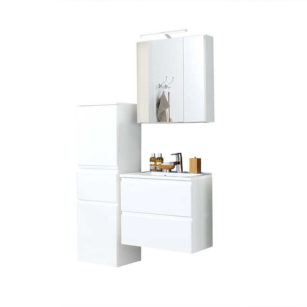 Badezimmermöbel Set Lectrio in Weiß Hochglanz mit 3D Spiegelschrank (dreiteilig)