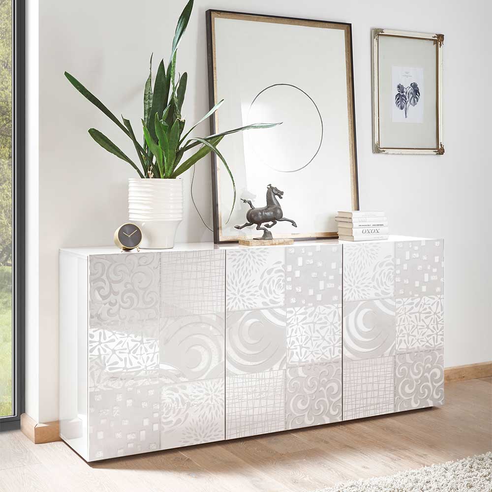 Sideboard Peledrav in Weiß Hochglanz mit floralem Siebdruck verziert