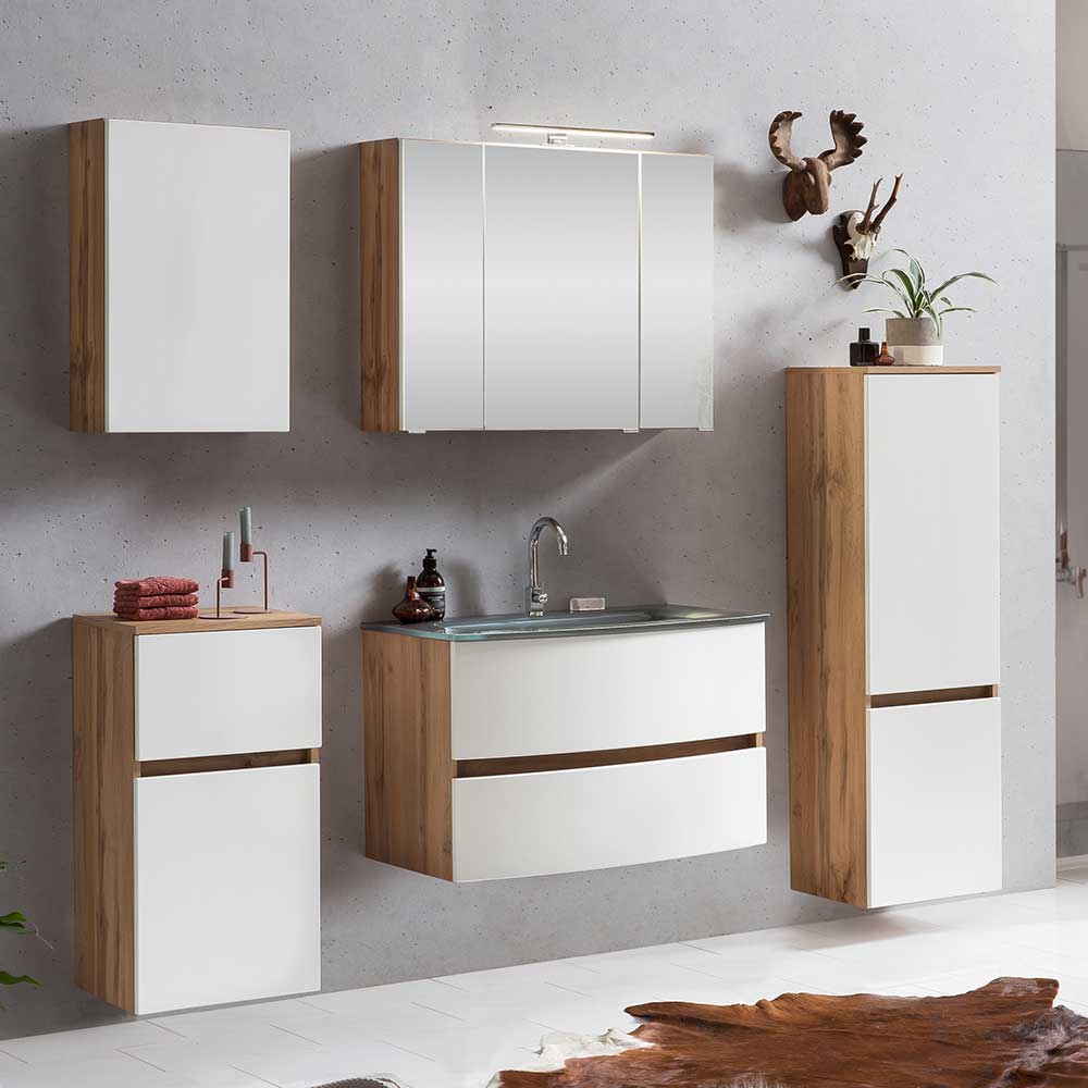 Badezimmer Einrichtung Set Zataico in Weiß und Wildeichefarben modern (fünfteilig)