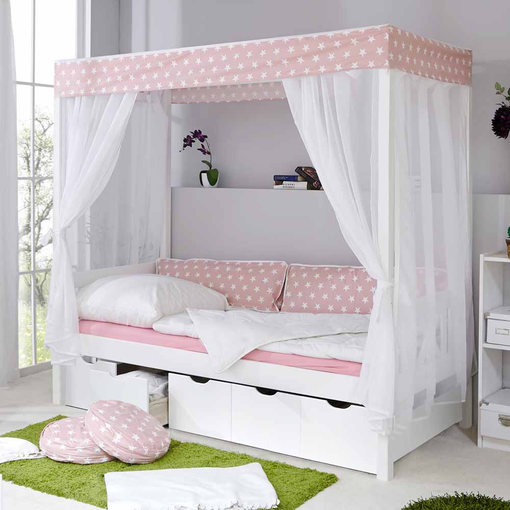 Schubladen Bett Romano in Weiß Rosa mit Himmel