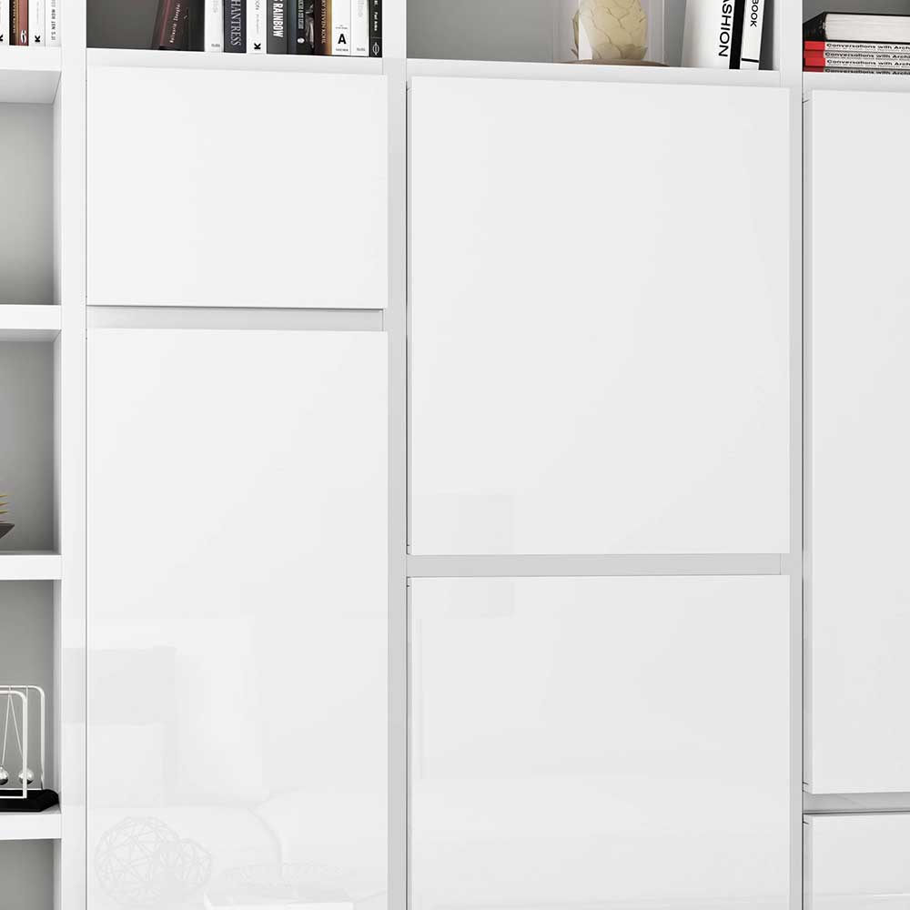Hochglanz Bücher Regalwand Naspar in Weiß mit Türen