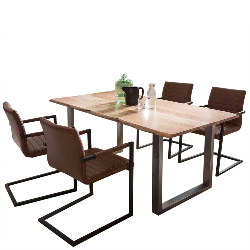 Esszimmergruppe Calcula mit Akazie Baumkantentisch und Stühlen in Cognac Braun (fünfteilig)