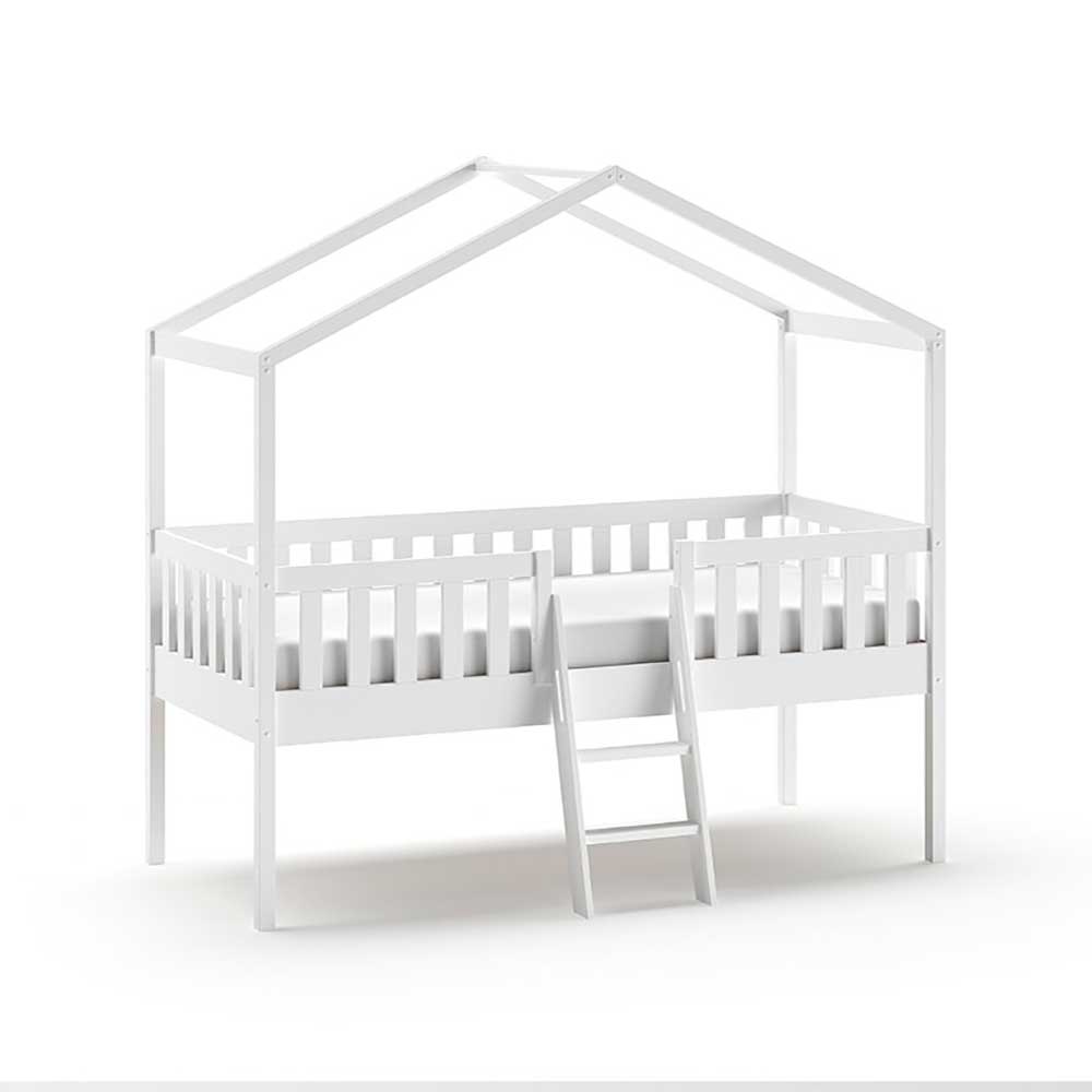 Kinder Hausbett mit Leiter Comi in Weiß 202 cm hoch