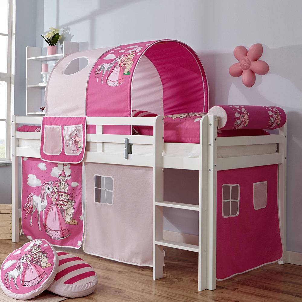 Kinderzimmer Hochbett Bojea aus Buche Massivholz in Weiß im Prinzessin Design