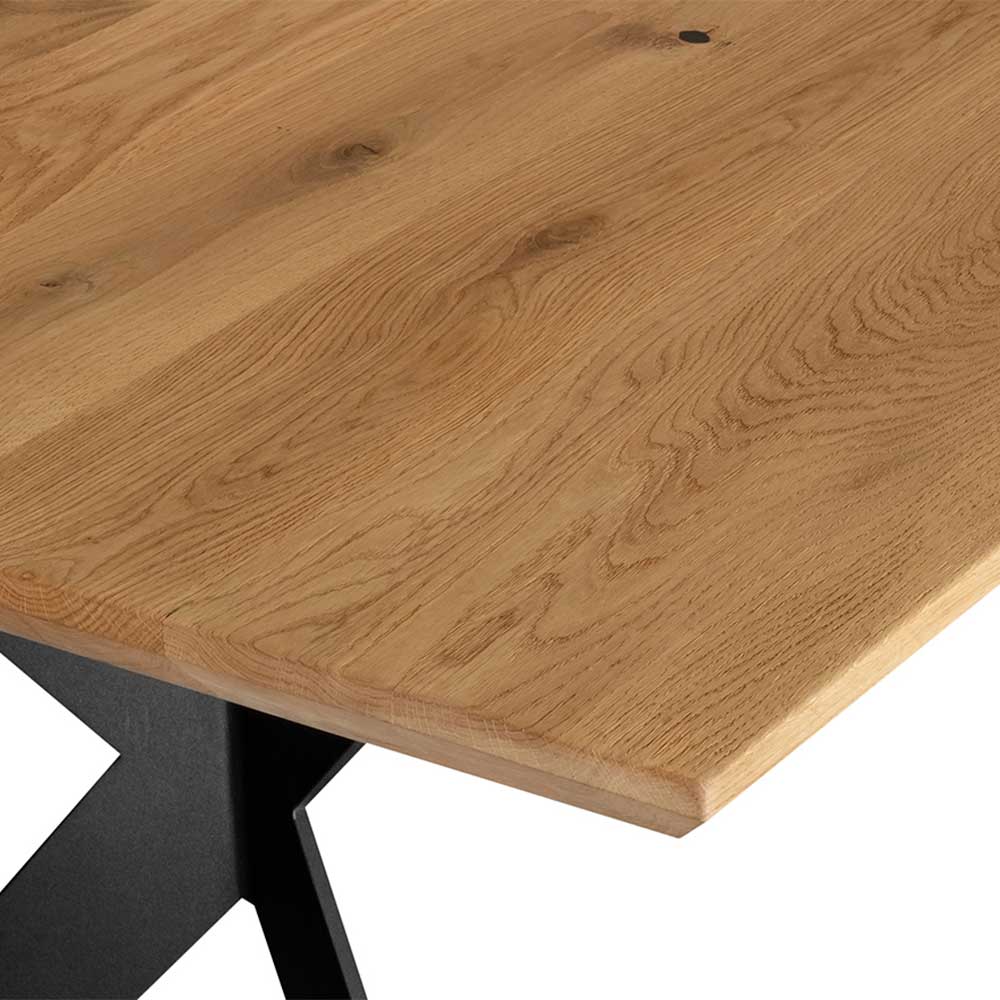 Design Tisch Natrinka aus Eiche Massivholz und Metall mit rechteckiger Platte