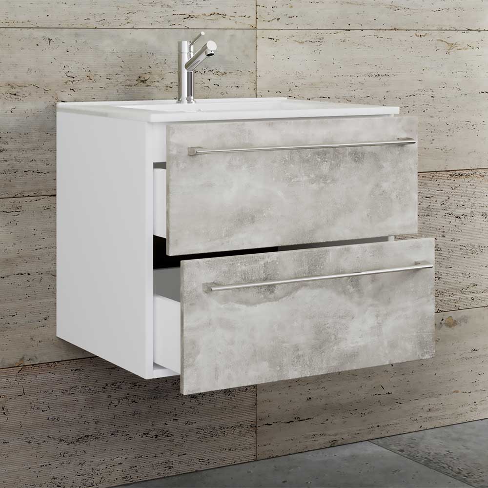 Waschbeckenschrank Fabrizio in Beton Grau und Weiß mit zwei Schubladen