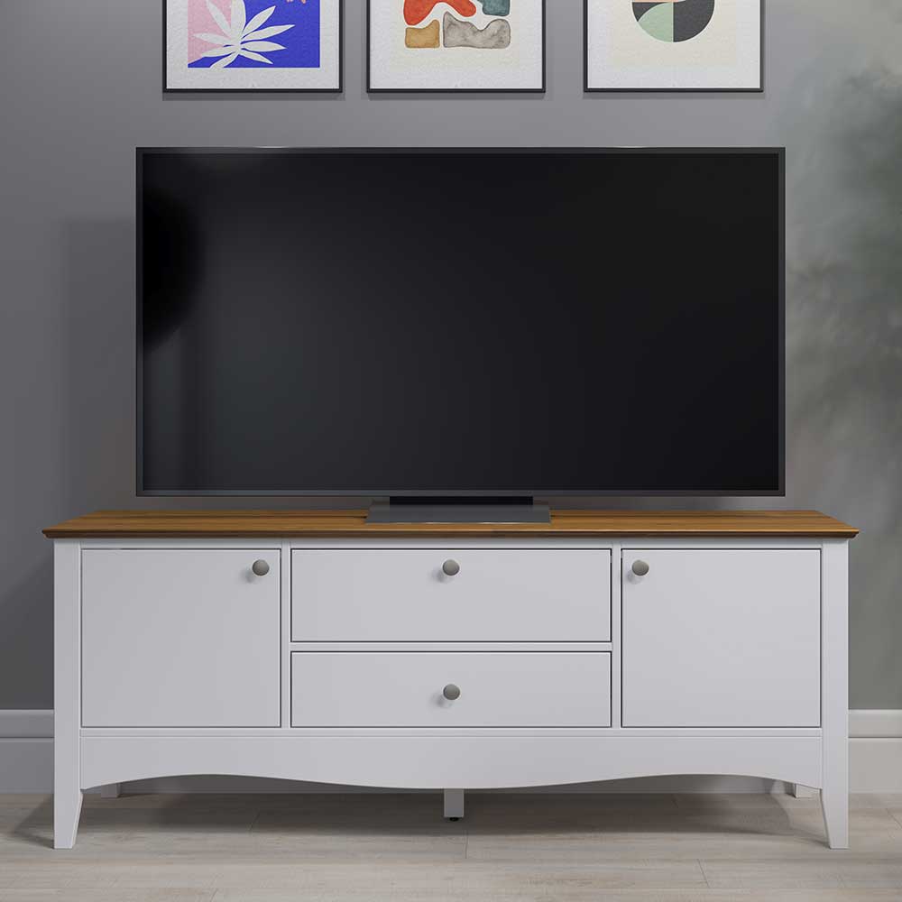 Landhaus TV Lowboard Bados 140 cm breit in Weiß und Kiefer dunkel