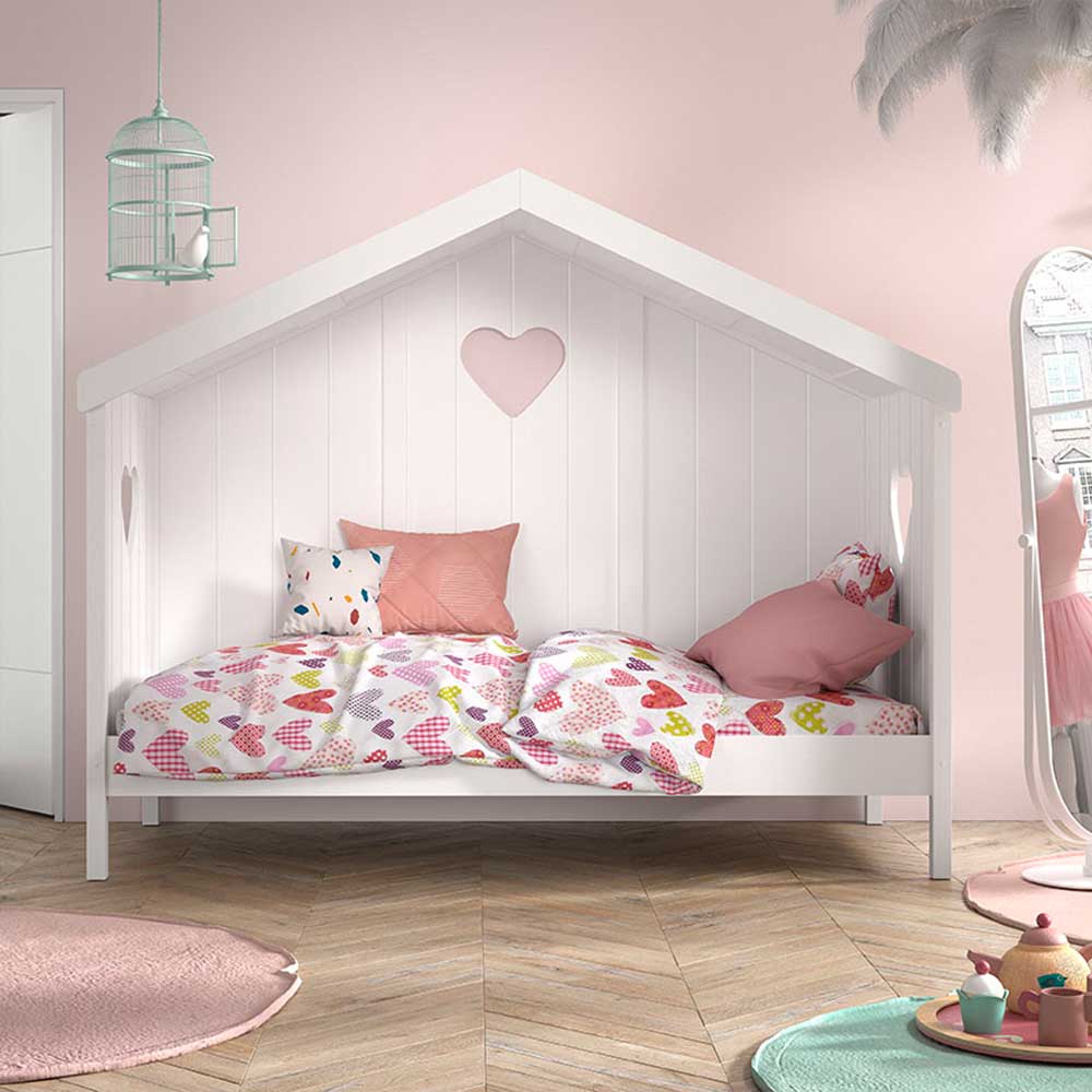 Kinderzimmerbett Hausform Ciomore in Weiß mit Herz Motiv