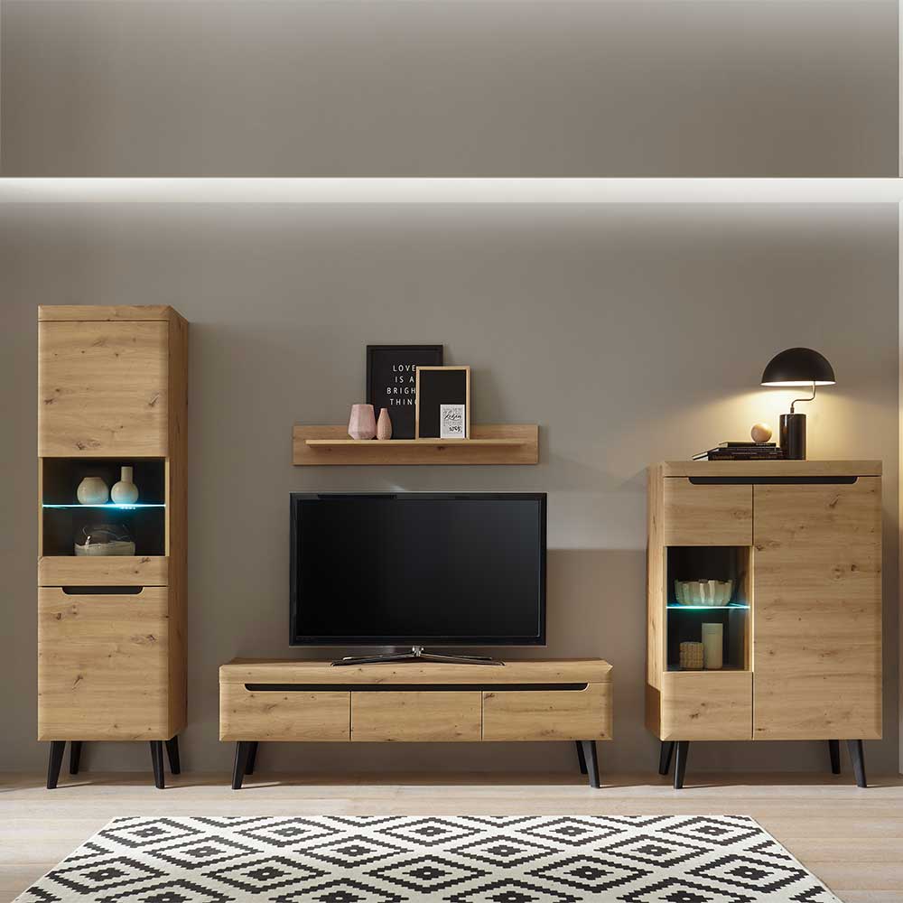 Moderne TV Wohnwand Tomya in Wildeichefarben im Skandi Design (vierteilig)