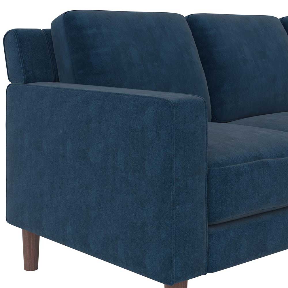 Blaues Samt Sofa Ophra mit Vierfußgestell aus Holz 195 cm breit