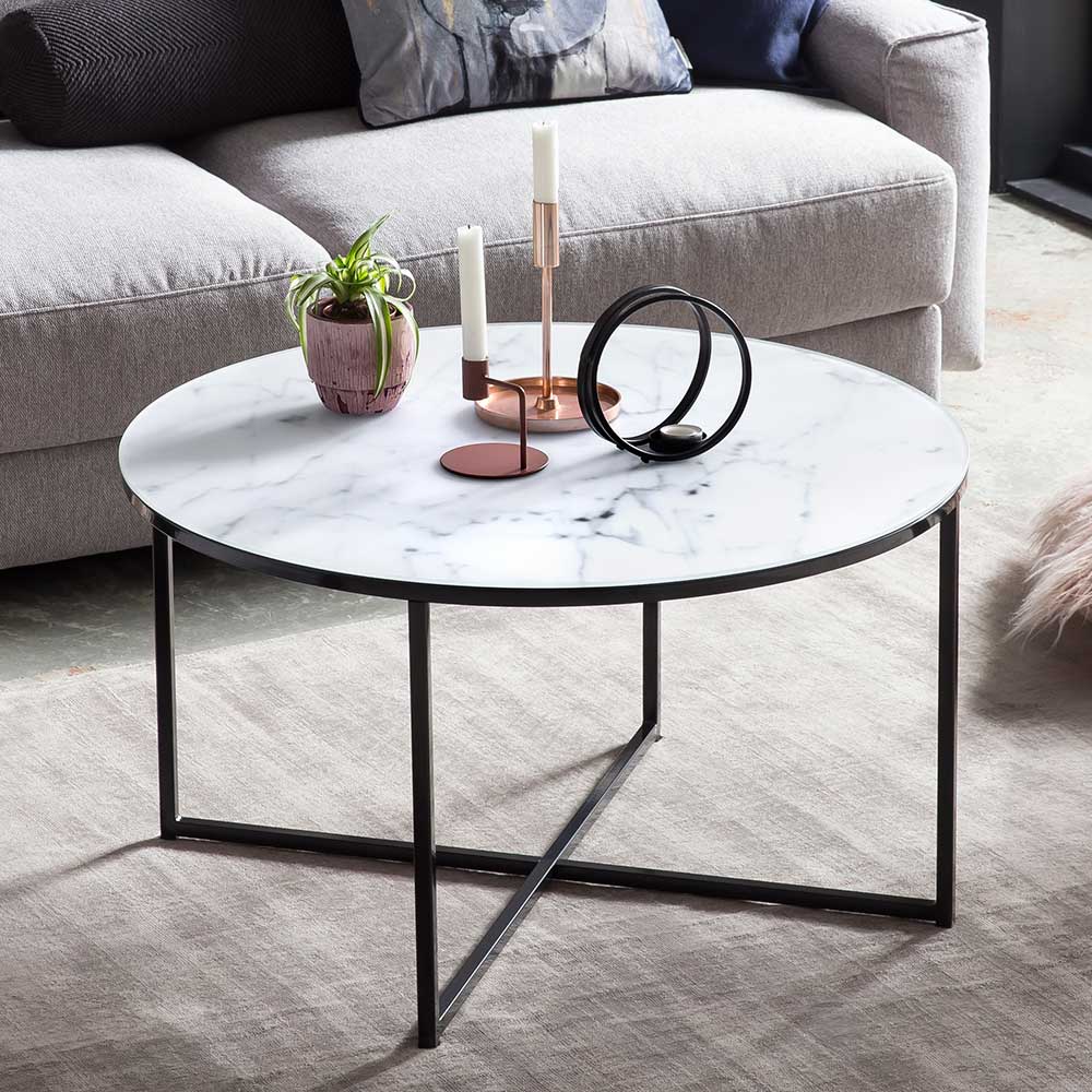 Runder Sofa Tisch Nexter in Weiß marmoriert und Schwarz mit Glasplatte