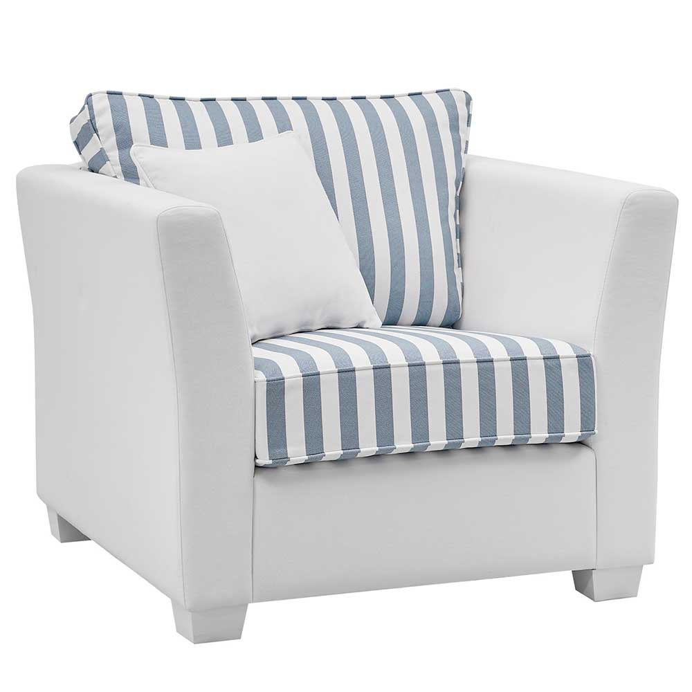 Sessel mit Hocker Nalyva in Blau und Cremeweiß mit Streifenmuster (zweiteilig)