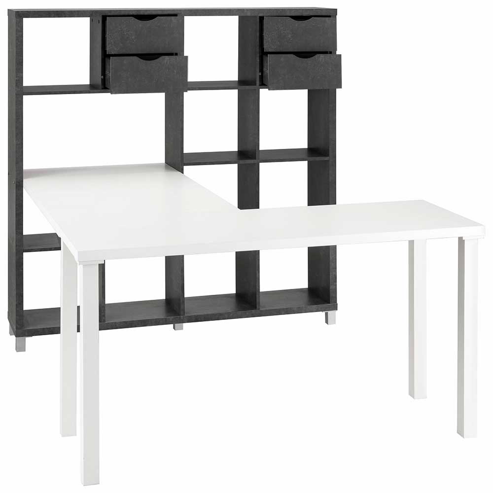 Design Schreibtisch Adioss in Weiß und Beton Grau mit Seitenregalen