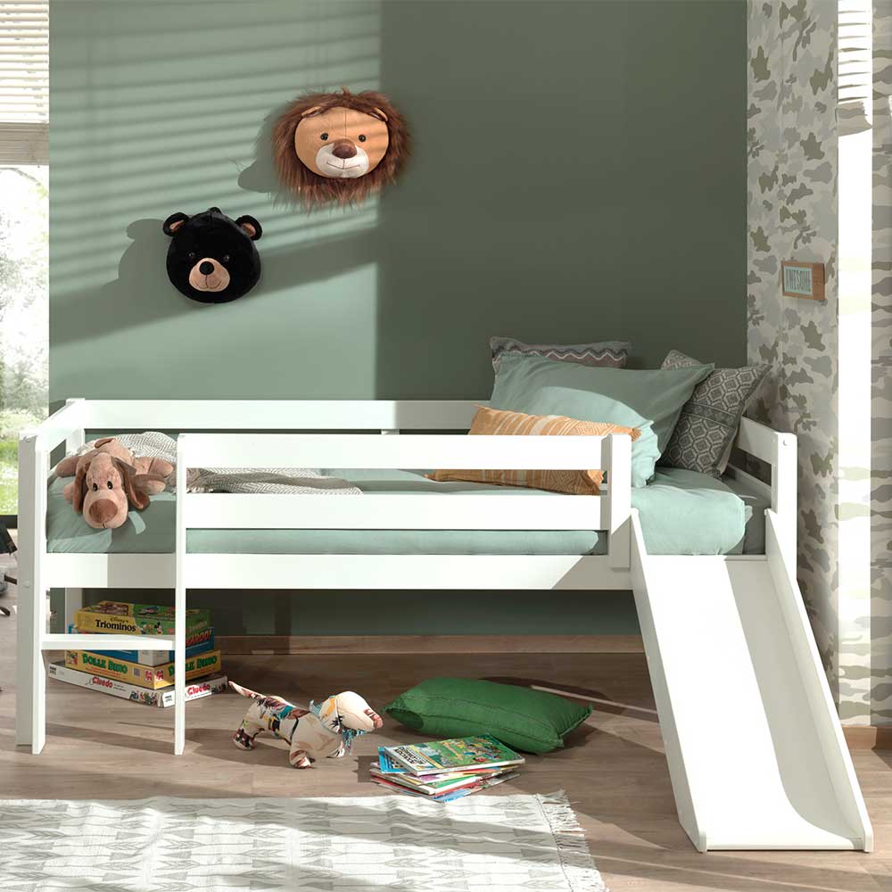 Weißes Kinderbett Anziano mit Rutsche Liegefläche 90x200 cm