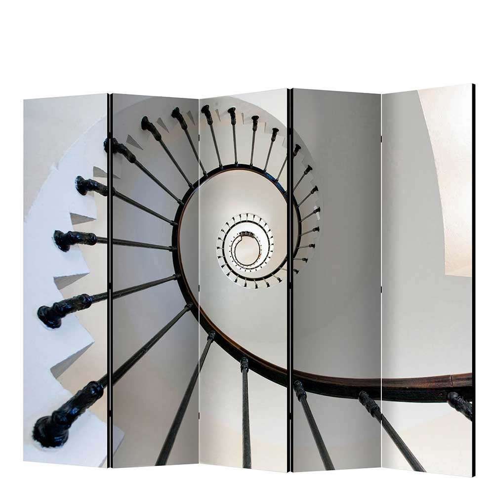 Raumteiler Paravant Omegon in Grau Weiß Schwarz mit Architektur Motiv Treppe