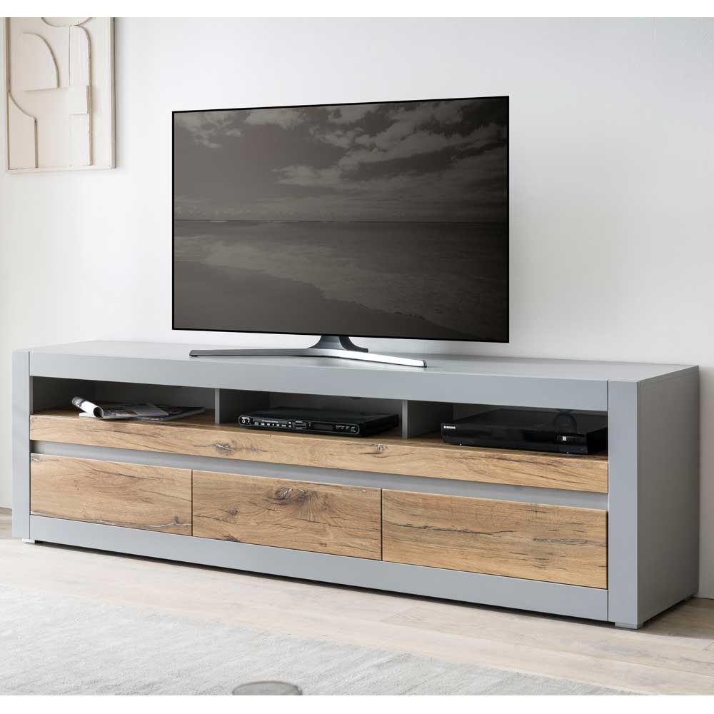 TV Unterschrank Entuisan 217 cm breit in Zinneichefarben und Platingrau